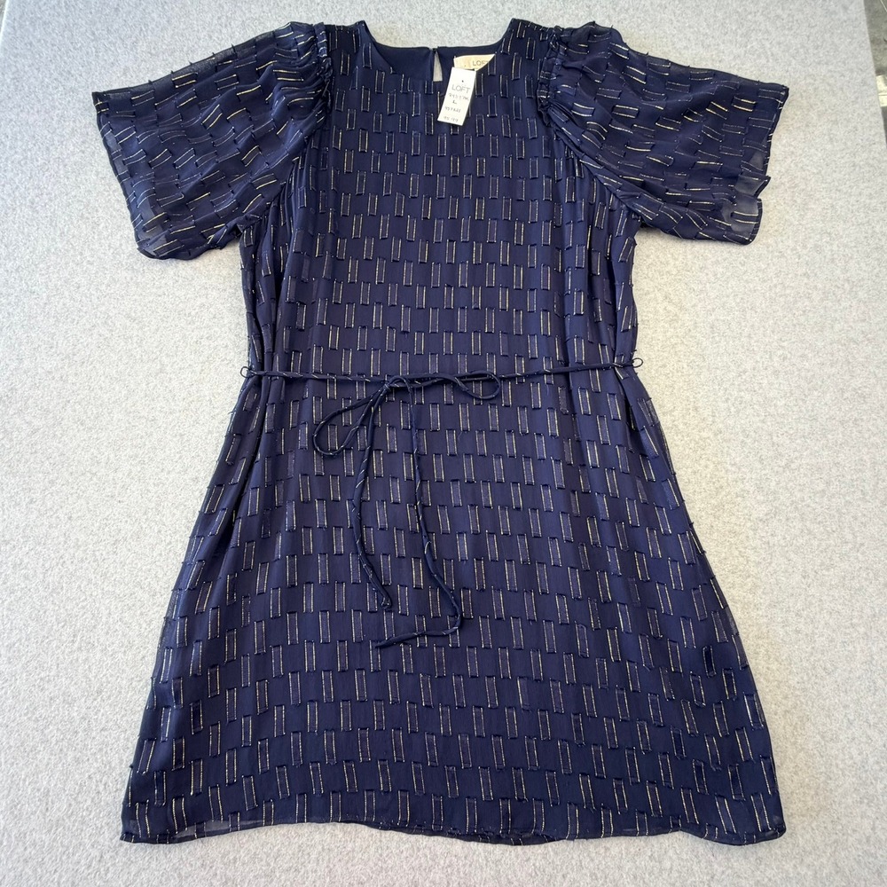 LOFT Navy Blue Gold Metallic Clipped Jacquard Shift Dress 457321 Large NWT